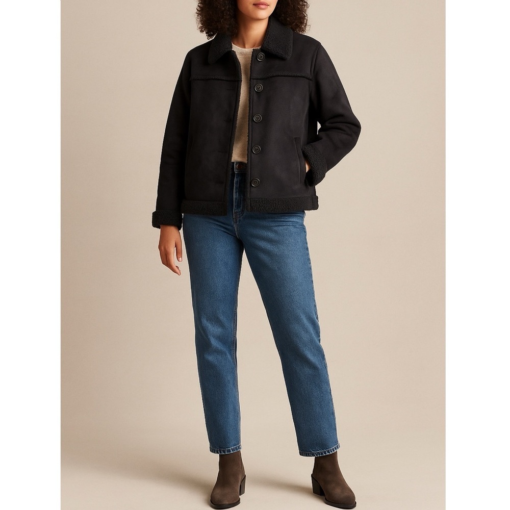 Kiko Faux Suede Sherpa Lined Black Jacket Cozy Soft‎ Fleece Button Front Medium